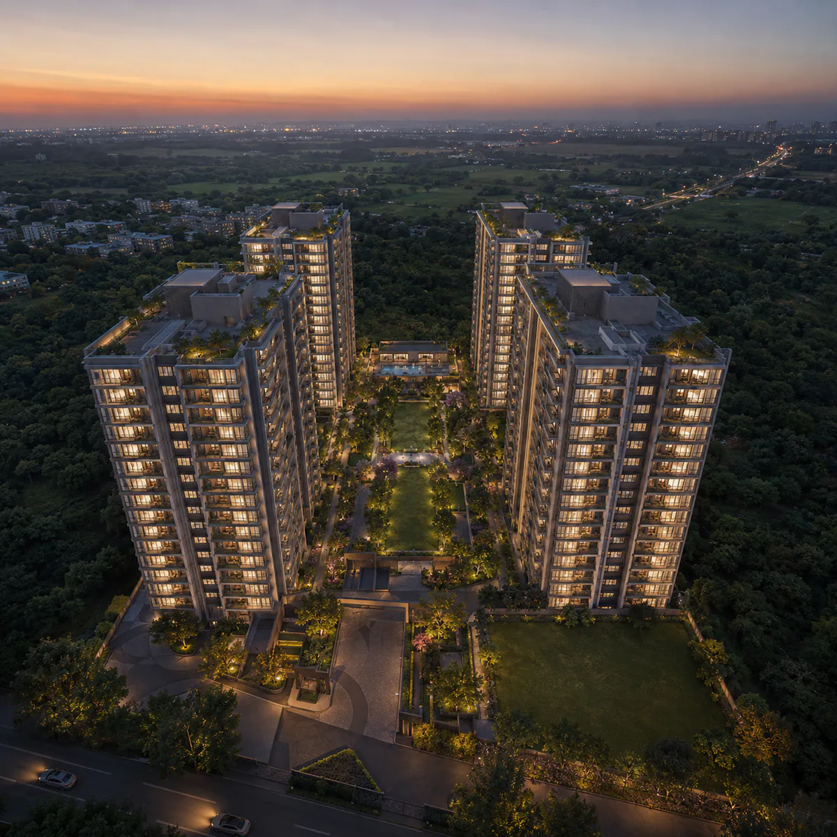 Adarsh Bellahalli aerial view - four Ground+15 blocks on six acres around the central green spine Adarsh Bellahalli aerial view - four Ground+15 blocks on six acres around the central green spine