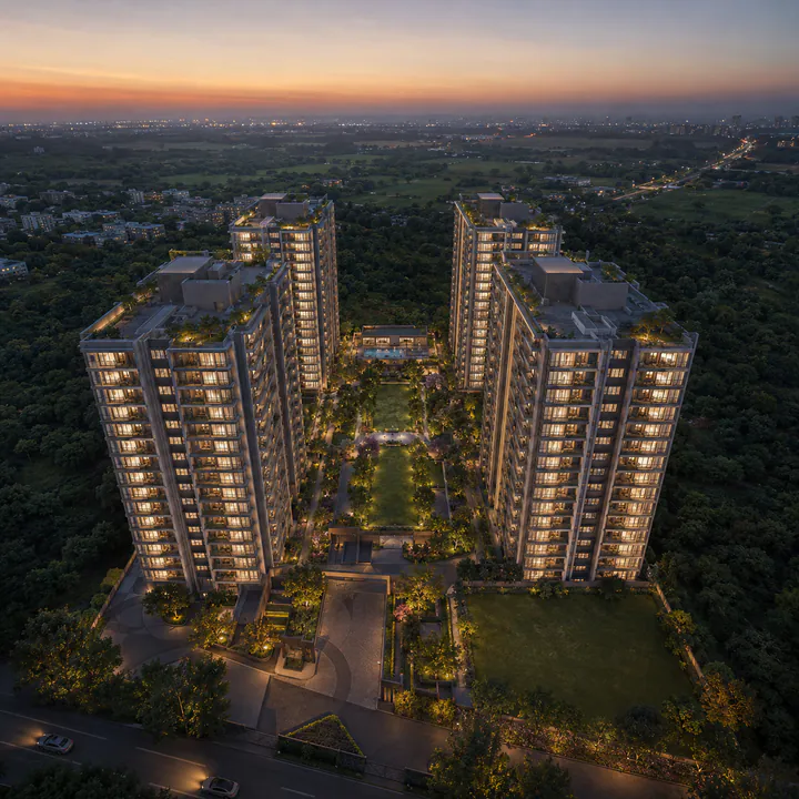 Adarsh Bellahalli aerial view - four Ground+15 blocks on six acres around the central green spine