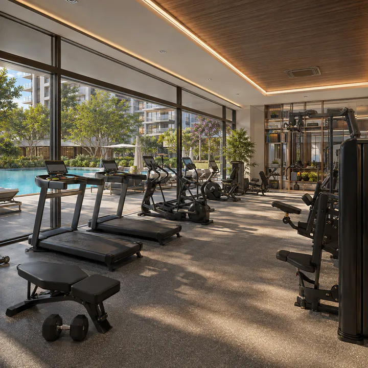 Adarsh Bellahalli clubhouse interior with gymnasium glazed onto the pool deck