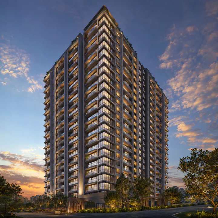 Adarsh Bellahalli tower exterior - Ground+15 elevation at dusk with articulated balcony rhythm