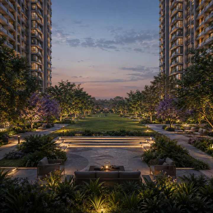 Adarsh Bellahalli landscaped central green spine with shaded walkways and specimen tree canopy