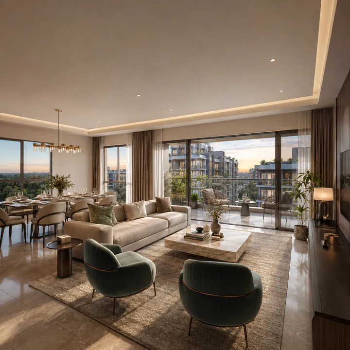 Adarsh Bellahalli apartment interior - living and dining volume with the balcony beyond