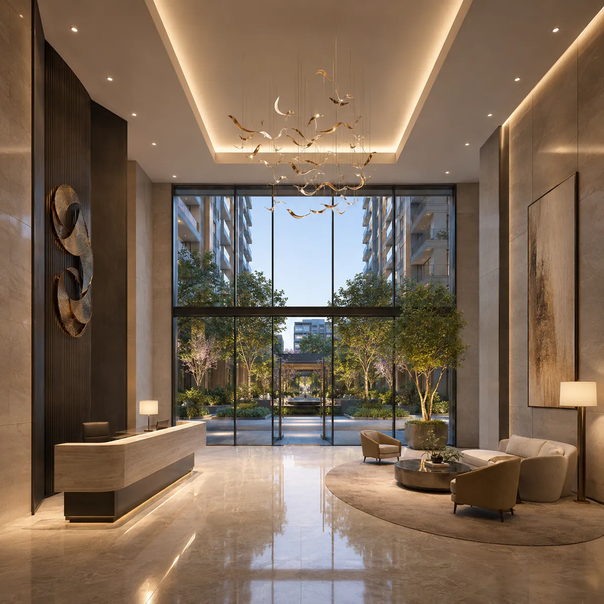Adarsh Bellahalli double-height entrance lobby with landscaped forecourt beyond Adarsh Bellahalli double-height entrance lobby with landscaped forecourt beyond