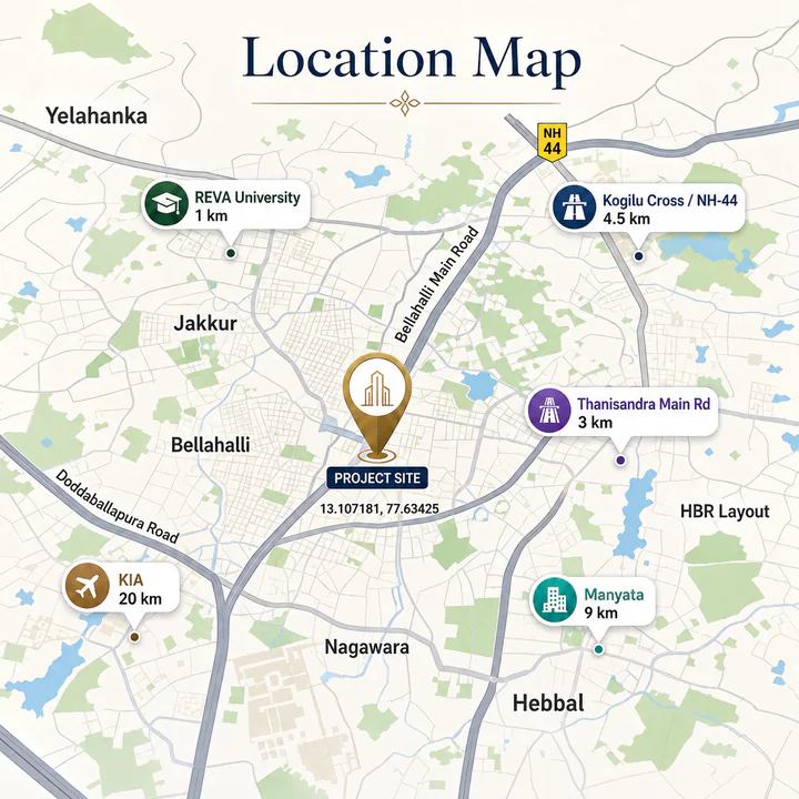 Adarsh Bellahalli location map showing the project site on Bellahalli Main Road with REVA University 1 km, Kogilu Cross / NH-44 4.5 km, Thanisandra Main Road 3 km, Manyata 9 km and Kempegowda International Airport 20 km